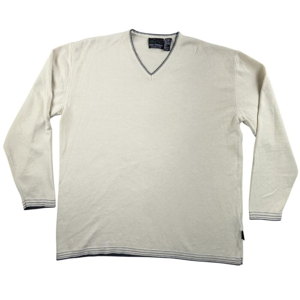 Greg Norman Collection Sweater Mens Large Beige V Neck Merino Wool Made Italy